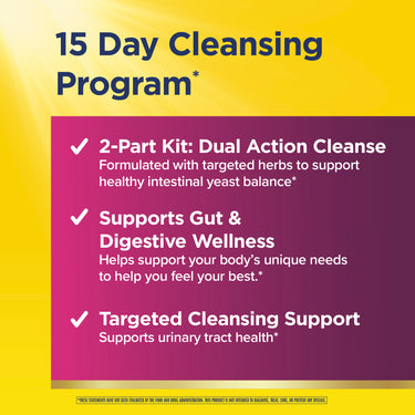 Product highlights graphic stating 2-Part Dual Cleanse for yeast balance, digestive wellness, and targeted cleansing for urinary health.