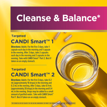 Infographic stating 'Cleanse & Balance' with dosage directions for Candi Smart capsules and liquid drops on an empty stomach.