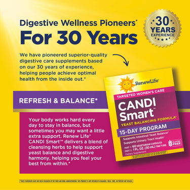 RenewLife Candi Smart 2-Part 15-Day Yeast Balancing Program. Supports intestinal and urinary tract health. Gluten free.