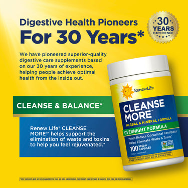 Renew Life CLEANSE MORE Herbal & Mineral Formula, Overnight Formula, 100 Vegan Capsules. Helps Eliminate Waste & Toxins.