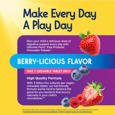 Ultimate Flora Kids Probiotic Chewable Tablets in Berry-Licious flavor with 3 billion live cultures.