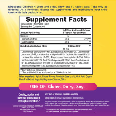 Renew Life Ultimate Flora Kids bottle labeled as gluten free, dairy free, and soy free.