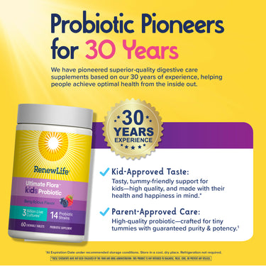 RenewLife Ultimate Flora Kids Probiotic, Berry-licious Flavor, 3 Billion Live Cultures, 14 Probiotic Strains, 60 Chewable Tablets.