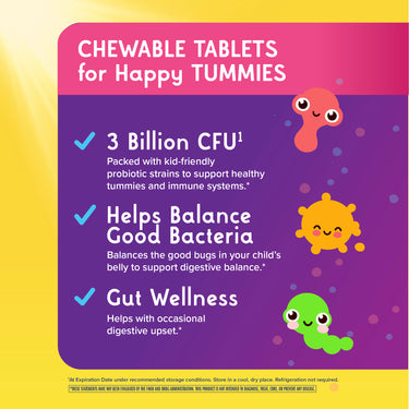 Product highlights graphic stating CHEWABLE TABLETS for Happy TUMMIES, 3 Billion CFU¹, Helps Balance Good Bacteria, Gut Wellness.