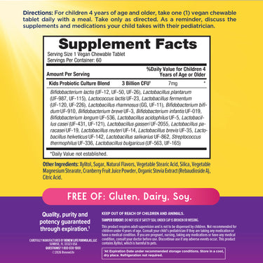 Supplement Facts for Renew Life Ultimate Flora Kids 3 Billion, 60 Chewable Tablets.