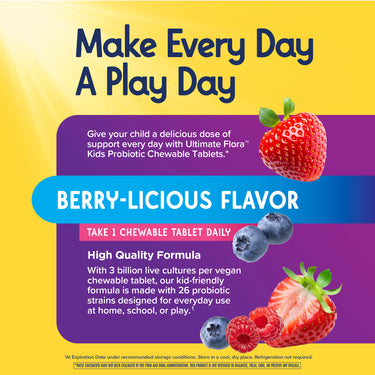 Product highlights graphic stating Ultimate Flora Kids Probiotic: BERRY-LICIOUS FLAVOR, 1 Daily, 3 billion cultures, 26 strains.