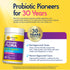 Product highlights graphic stating Probiotic Pioneers for 30 Years, Kid-Approved Taste: Tasty support, Parent-Approved Care: High-quality probiotic.