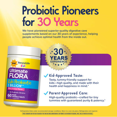 Product highlights graphic stating Probiotic Pioneers for 30 Years, Kid-Approved Taste: Tasty support, Parent-Approved Care: High-quality probiotic.