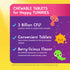 Product highlights graphic stating 3 Billion CFU for kids, convenient chewable tablets, berry-licious with no artificial sweeteners/colors.