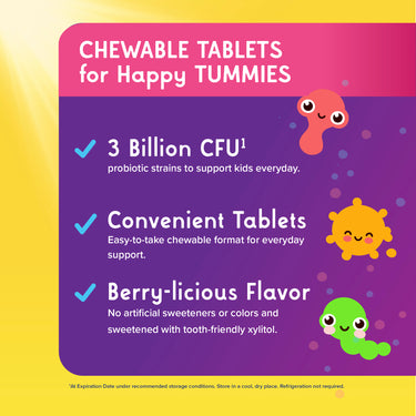 Product highlights graphic stating 3 Billion CFU for kids, convenient chewable tablets, berry-licious with no artificial sweeteners/colors.