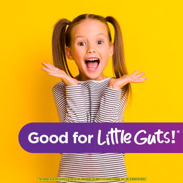 A young girl smiles excitedly; a purple banner reads 'Good for Little Guts!' for Ult Flora Kids.