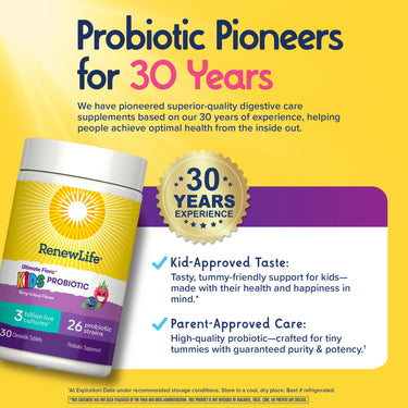 Product highlights graphic stating Kid-Approved Taste: Tasty, tummy-friendly support, Parent-Approved Care: High-quality probiotic, purity and potency.