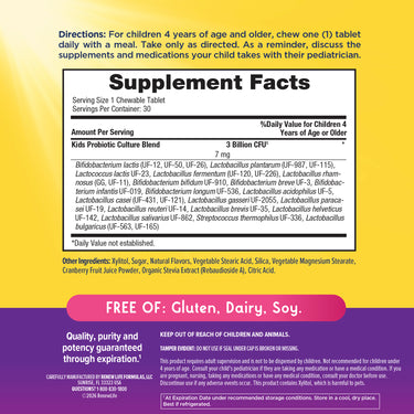 Supplement Facts for Ult Flora Kids 3B 30 Chewable Tablets displayed in a detailed panel.