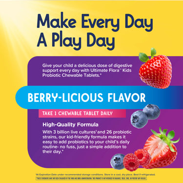 Product highlights graphic stating Kids Probiotic, BERRY-LICIOUS, digestive support. 3 billion cultures¹ and 26 strains, easy daily.