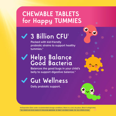 Product highlights graphic stating 3 Billion CFU¹ for healthy tummies, Balances Good Bacteria for digestion, Gut Wellness support.