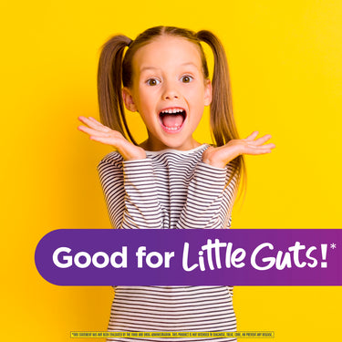 Young girl excited with raised hands beside a purple banner that says 'Good for Little Guts!' promoting Kids Flora.
