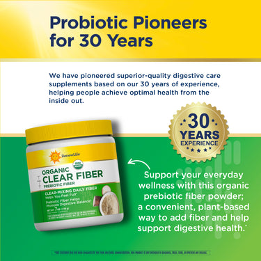 RenewLife Organic Clear Fiber Prebiotic Fiber powder supplement, 7 oz (198 g), in a clear container.