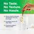 A woman's hand stirs Organic Prebiotic Fiber into water, with text: 'No Taste. No Texture. No Hassle.'