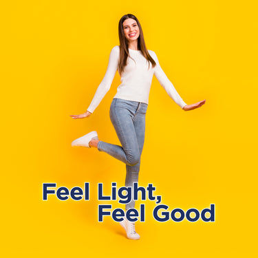 A young woman balances playfully, smiling, with the text 'Feel Light, Feel Good', promoting RN Daily Digestive Prebiotic Fiber.