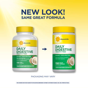 RenewLife Daily Digestive Prebiotic Fiber 150 Vegan Capsules, showing old and new packaging with text: NEW LOOK! SAME GREAT FORMULA