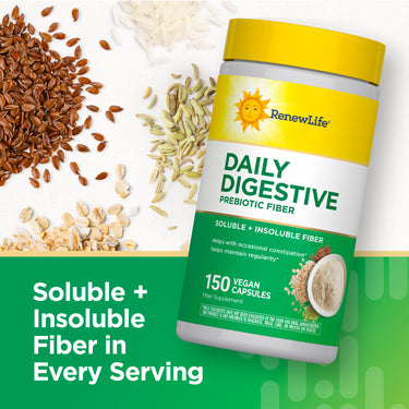 RenewLife Daily Digestive Prebiotic Fiber, 150 Vegan Capsules. Offers both soluble and insoluble fiber.