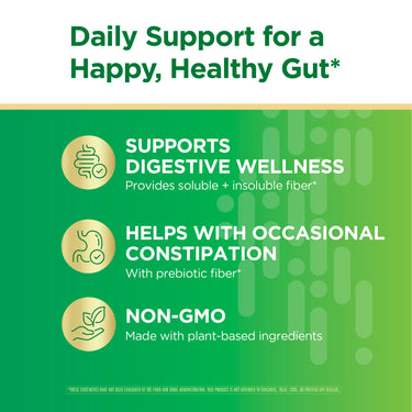 Product highlights graphic stating Digestive wellness (soluble & insoluble fiber), Helps occasional constipation (prebiotic fiber), Non-GMO plant-based ingredients