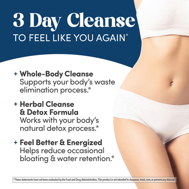 Product highlights graphic stating Whole-Body Cleanse, waste elim., Herbal Cleanse & Detox, natural detox., Feel Better & Energized, reduced bloating/water ret.