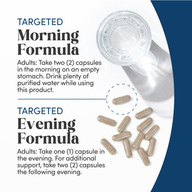 Instructions for Morning Formula (2 capsules) and Evening Formula (1-2 capsules) with capsules and a glass of water.