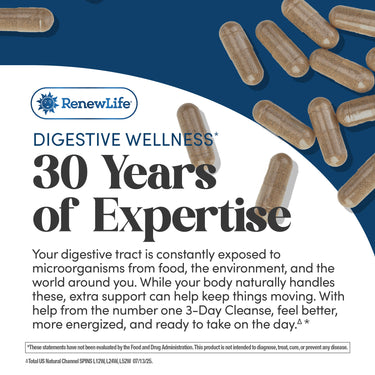 RenewLife logo with veggie capsules and text: 'DIGESTIVE WELLNESS, 30 Years of Expertise, 3-Day Cleanse'.