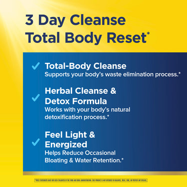 Product highlights graphic stating support for waste elimination, natural detoxification, reduced bloating, and water retention.