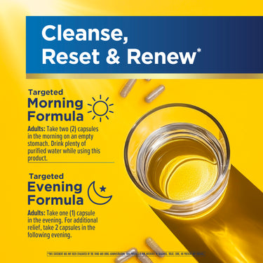 Product highlights graphic stating Cleanse, Reset & Renew. Morning: 2 capsules empty stomach with water. Evening: 1 or 2 capsules.