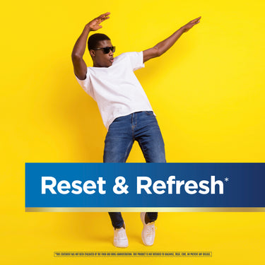 A young man in sunglasses dances with arms raised on a yellow background, beside a blue banner with 'Reset & Refresh' text.