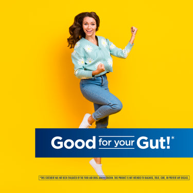 A joyful young woman jumps and smiles with 'Good for your Gut!' text promoting Probiotic benefits.
