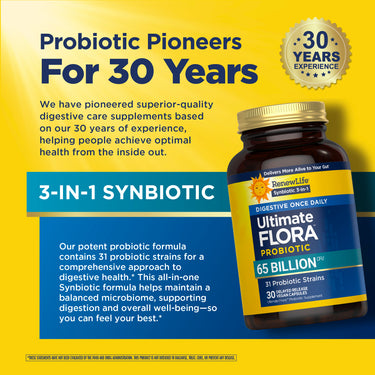 RenewLife Ultimate Flora Probiotic 3-in-1, 65 Billion CFU, 31 Strains, 30 Delayed Release Vegan Capsules.
