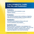 Product highlights graphic stating 3-IN-1 Synbiotic Care, defining Prebiotics, Probiotics, and Postbiotics for gut health benefits.