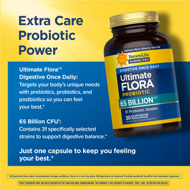 Ultimate Flora Probiotic, 65 Billion CFU, 31 Strains, 30 DR Caps. Supports digestive balance with pre/pro/postbiotics.