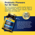 Men's Probiotic bottle featuring 'Probiotic Pioneers for 30 Years' and a '30 YEARS EXPERIENCE' badge on a yellow and blue background.