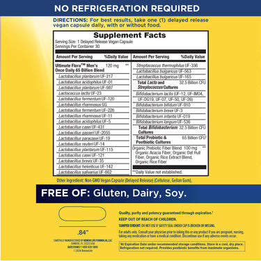 Supplement Facts panel for RN Men's 65 B Probiotic, containing 30 capsules.