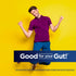 A young man jumps with excitement. A banner says 'Good for your Gut!' promoting a Men's Probiotic.