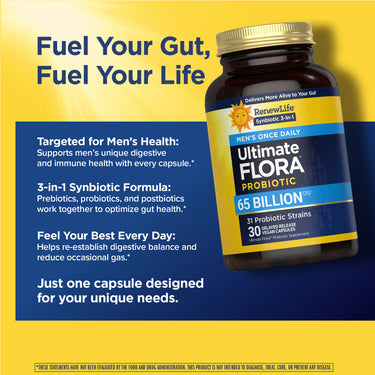 RenewLife Ultimate Flora Probiotic Men's Once Daily offers 65 Billion CFU in 30 delayed release vegan capsules.