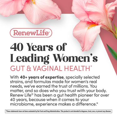 RenewLife graphic says '40 Years of Leading Women's GUT & VAGINAL HEALTH' and details their 40+ years of expertise.