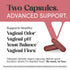 Two red capsules with text: 'Advanced Support. Supports healthy vaginal odor, vaginal pH, yeast balance, vaginal flora.'