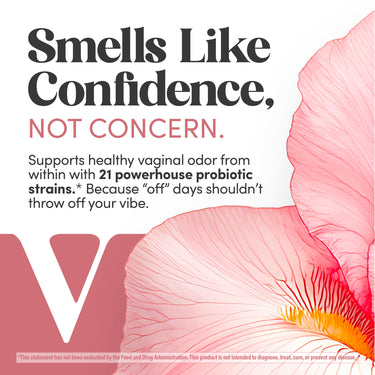 Promotional graphic for AMZ RN Vaginal Ultimate Flora Probiotic: 'Smells Like Confidence, NOT CONCERN.', 21 probiotic strains.