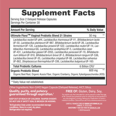 Supplement Facts panel for Vaginal Ultimate Flora Probiotic with 60 capsules.