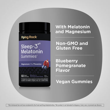 Product highlights graphic stating With Melatonin and Magnesium, Non-GMO and Gluten Free, Blueberry Pomegranate Flavor, Vegan Gummies.