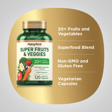 Product highlights graphic stating 20+ Fruits and Vegetables, Superfood Blend, Non-GMO, Gluten Free, Vegetarian Capsules.