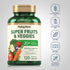 Super Fruits and Veggies bottle with icons indicating gluten, wheat, milk, lactose, soy free, non-GMO, no artificial additives.