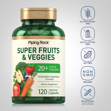 Super Fruits and Veggies bottle with icons indicating gluten, wheat, milk, lactose, soy free, non-GMO, no artificial additives.