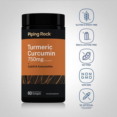 Curcumin bottle with icons indicating Gluten & Wheat Free, Milk & Lactose Free, Soy Free, Non GMO, No Artificial Additives.