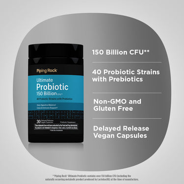 Product highlights graphic stating 150 Billion CFU**, 40 Probiotic Strains with Prebiotics, Non-GMO and Gluten Free, Vegan Capsules.
